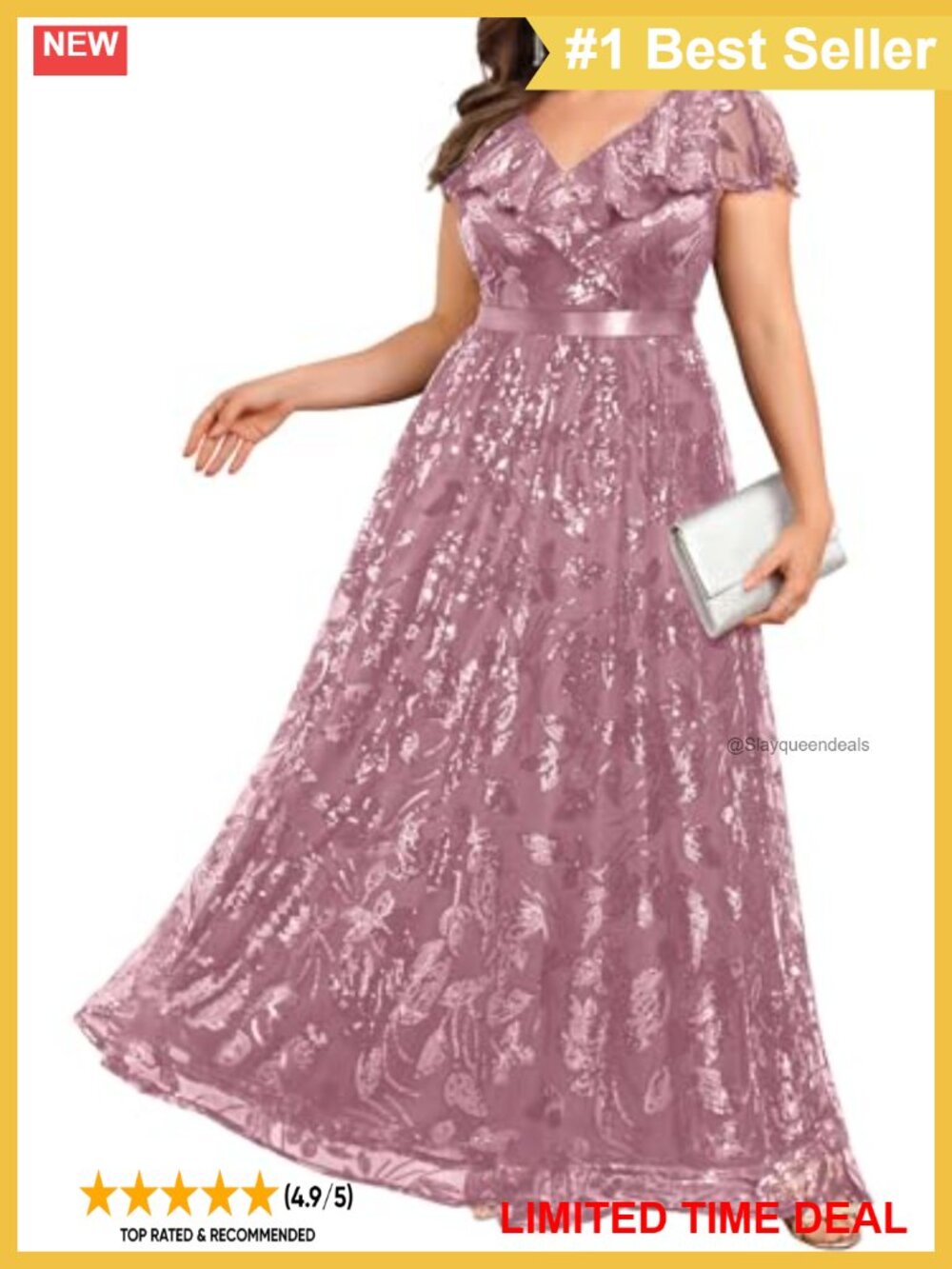 Plus Size Sequin Formal Evening Gown V-Neck Flutter Sleeve Maxi Dress